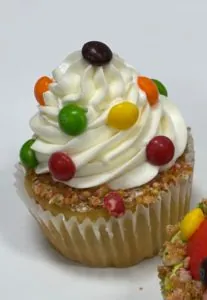 Vanilla cupcake with whipped frosting and chocolate candies