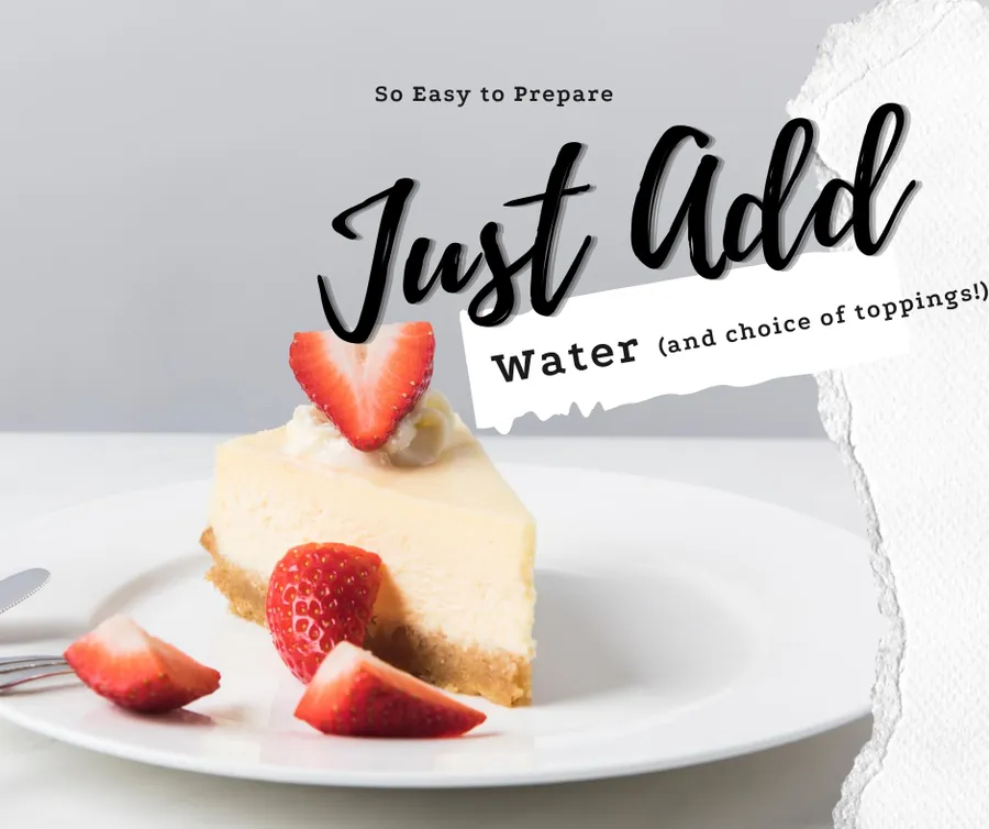 Slice of New York Style cheesecake with strawberries: Les Desserts Mix, just add water