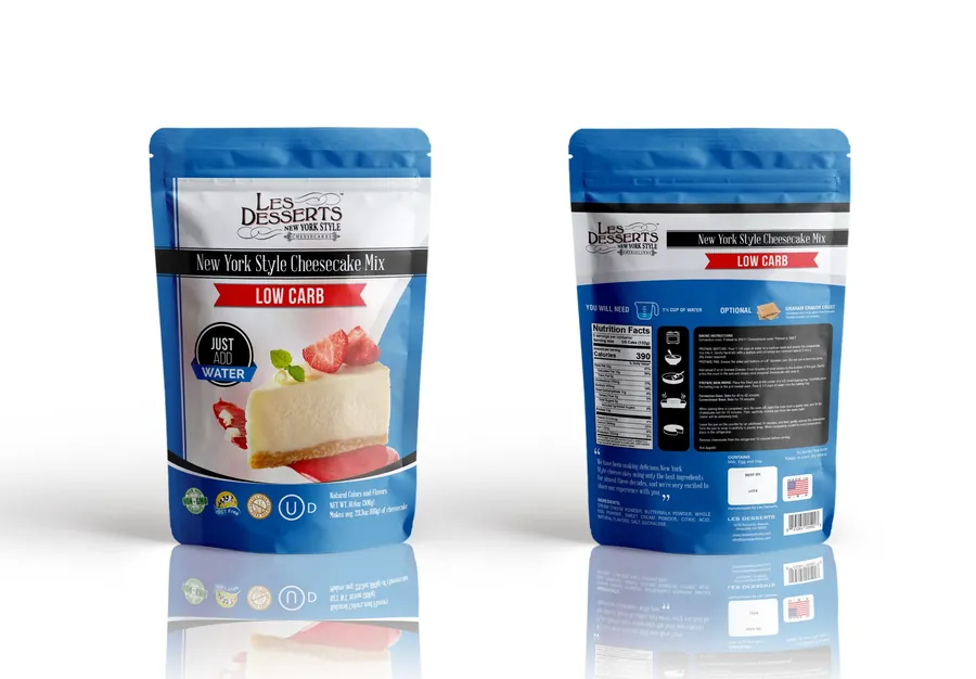 Les Desserts Mix New York Style Cheesecake Mix Low Carb 12 lb bag, front and back