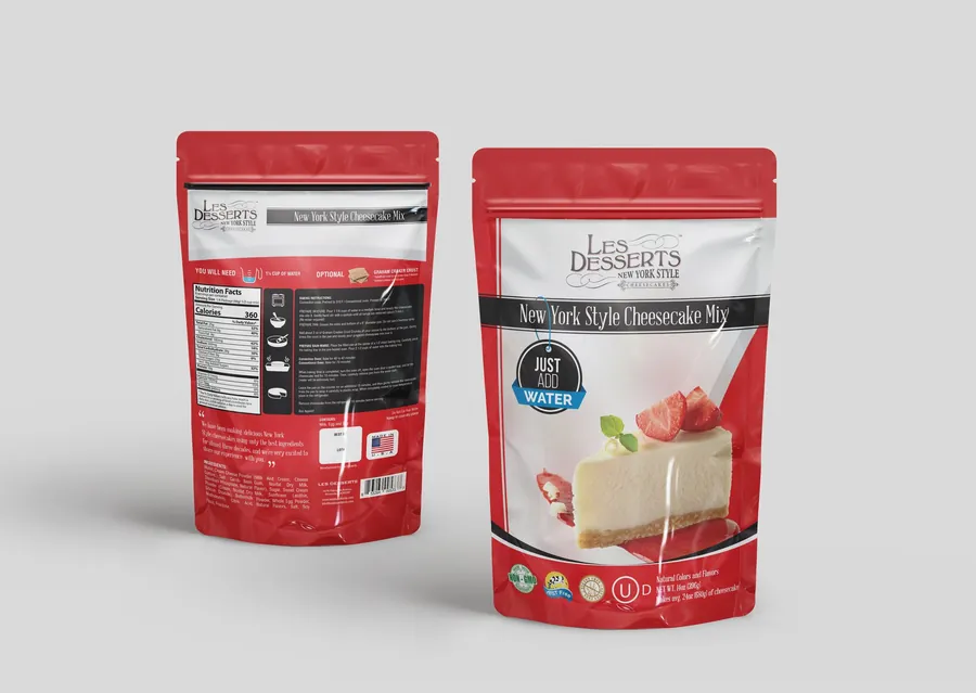 Les Desserts Mix New York Style Cheesecake Mix 12 lb bag, front and back