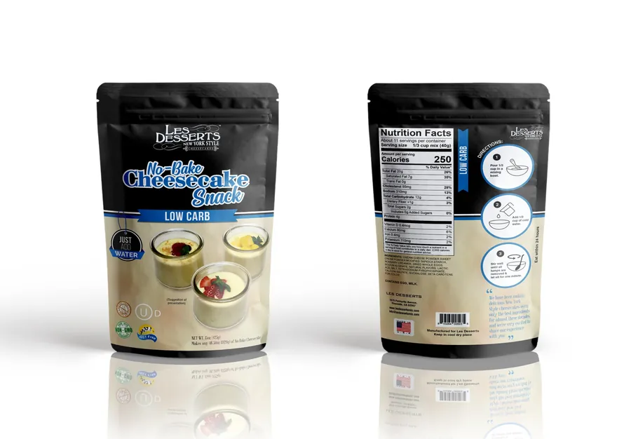 Les Desserts Mix New York Style No-Bake Cheesecake Mix Low Carb 12 lb bag, front and back