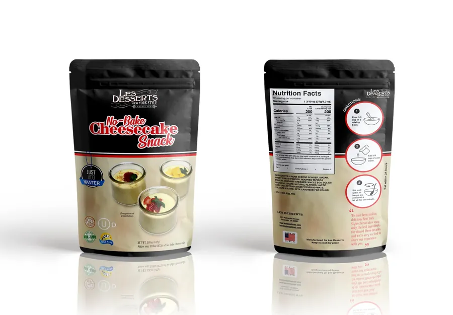 Les Desserts Mix New York Style No-Bake Cheesecake Mix 12 lb bag, front and back